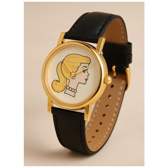 Vintage Official Mattel Barbie Quartz Watch – Leather Band – Gold Tone Case